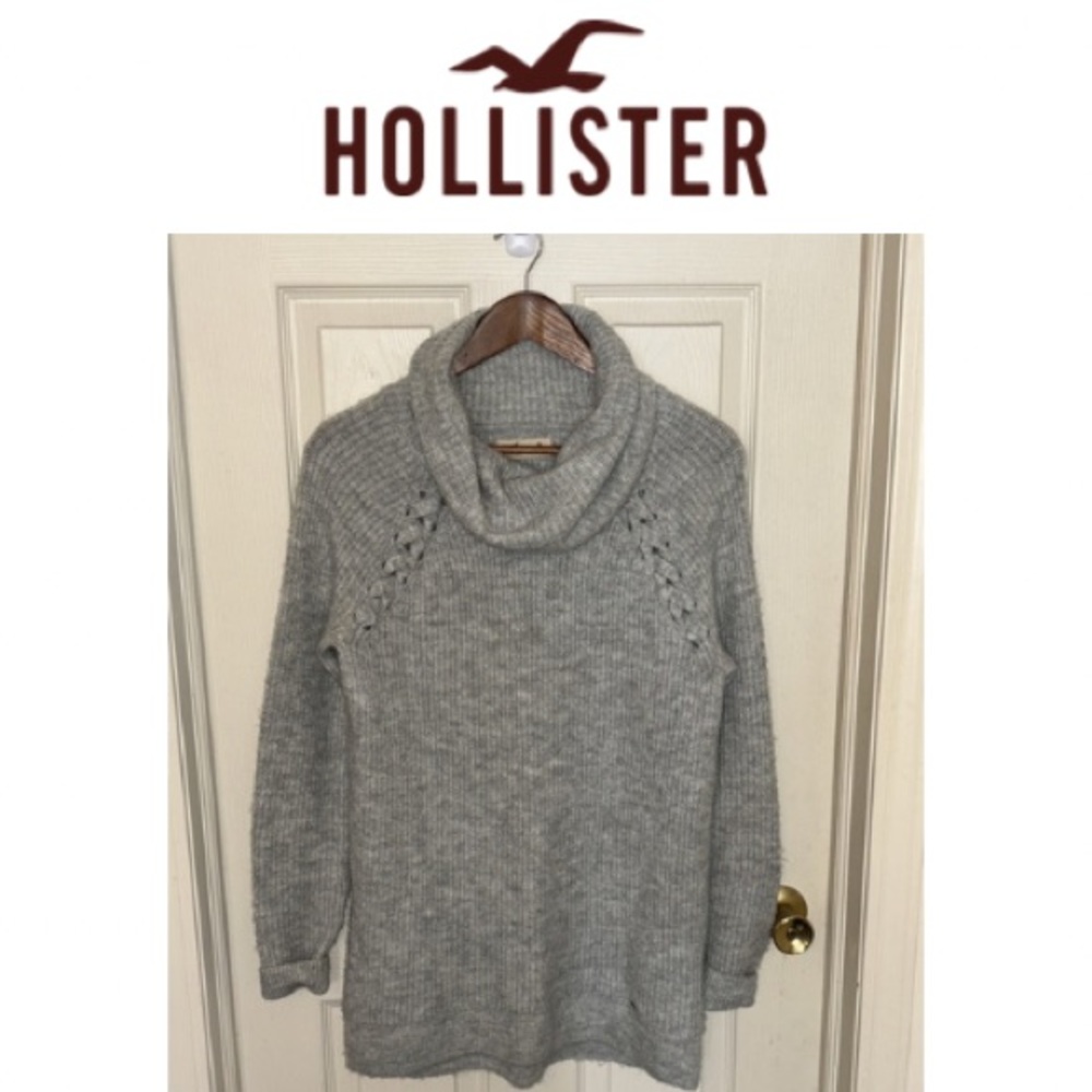 Hollister Gray Turtleneck Long Sweater with Braided Accents Size M
